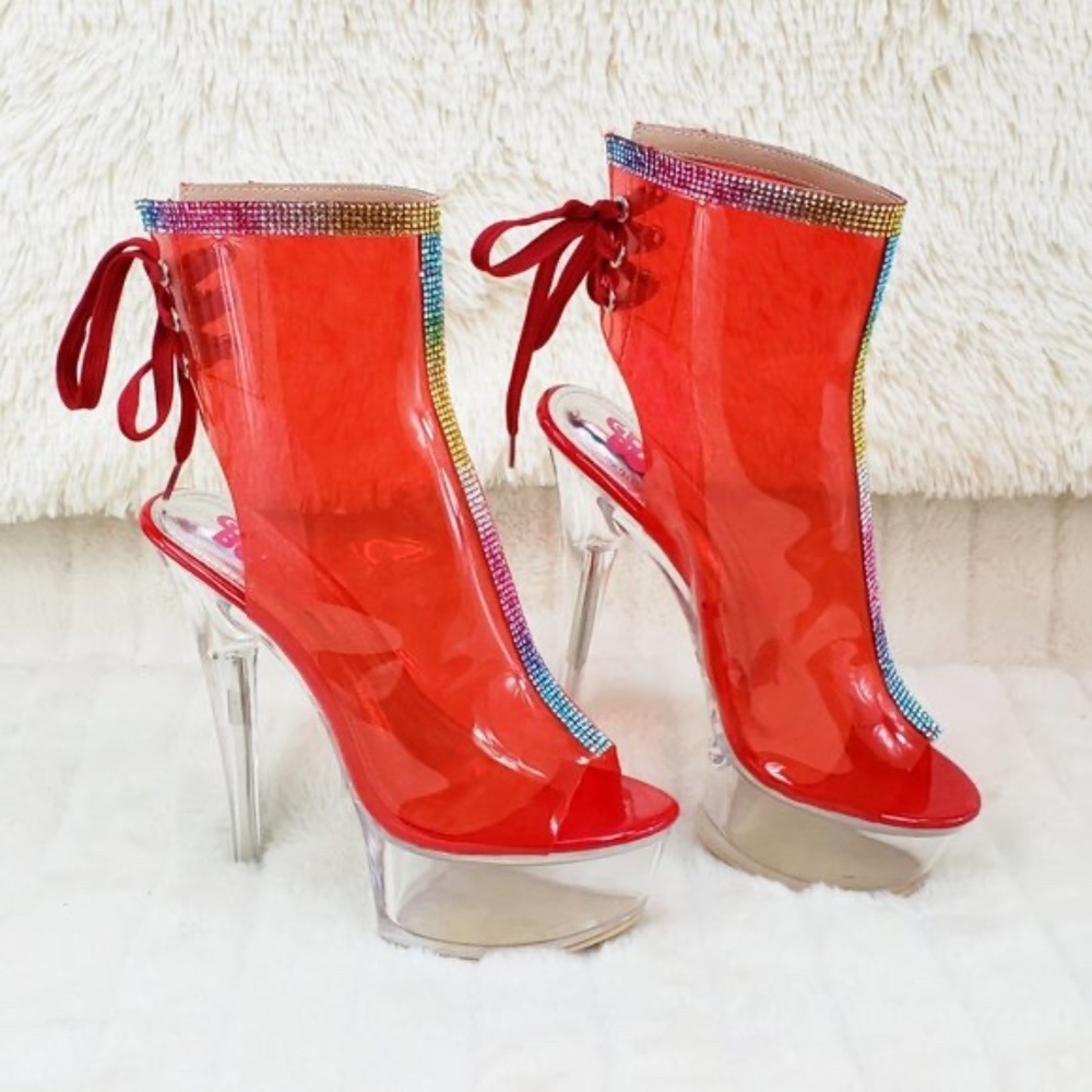 Golden Bulls Clear Red Platform Heels With Rhinestone Trim